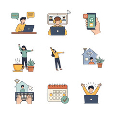 A collection of simple illustrations depicting various aspects of remote work and home life.