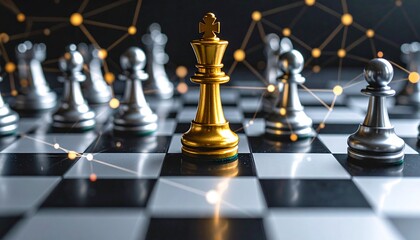 Golden king chess piece on a chessboard with digital network overlay