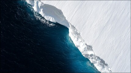 Antarctic ice shelf fracturing into geometric blue shards against warming red ocean currents.