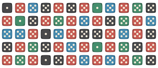 Seamless pattern of colorful dice with white dots on a white background