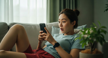 Young Asian woman reacts with excitement, holding her phone after discovering good news or an online win.