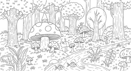 A black and white line art illustration of a whimsical forest with mushrooms and tall, thin trees.