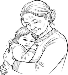 A gentle line art drawing of a mother holding her baby close, symbolizing love and protection.