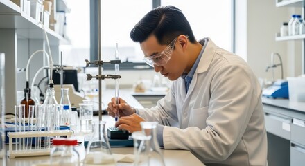 A focused scientist in a laboratory setting, meticulously working with glassware and equipment, conducting research.