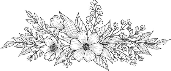 Obraz premium A delicate black and white line art illustration of a symmetrical floral arrangement.