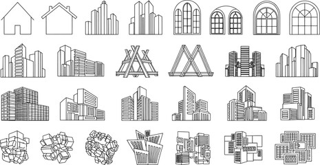 A collection of simple, black and white icons representing various city buildings.