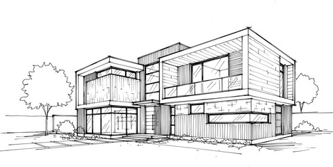 A hand-drawn sketch of a modern house with a simple architectural design.