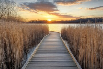 Naklejka premium Sunrise over a tranquil lake, with a wooden boardwalk leading through tall golden reeds