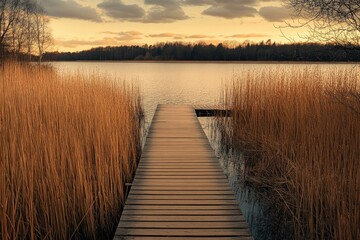 Tranquil wooden dock extends into a serene lake at sunset.  Golden reeds frame the path