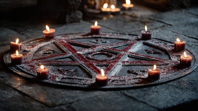 Pentagram Ritual Circle with Candles and Powder