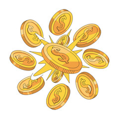 Golden dollar coins exploding outwards in a burst of wealth and financial success