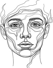A detailed, hand-drawn, black and white line art portrait of a young person's face with a neutral expression.