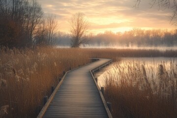 Naklejka premium Wooden boardwalk path leads through a misty autumnal marsh at sunrise