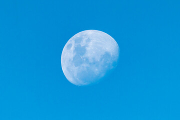 Moon rising in the afternoon blue sky