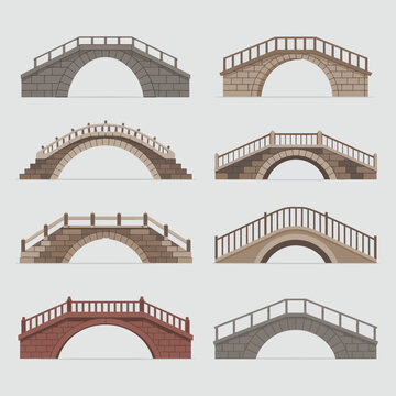 Collection of eight diverse stone and brick arched bridges with railings