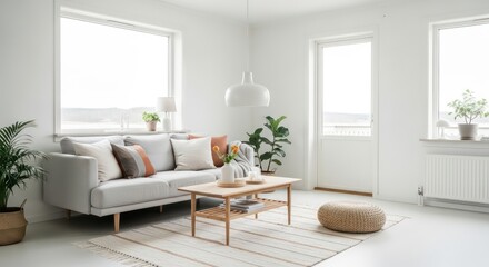 Bright, minimalist living room with sofa, plants, coffee table, and natural light.