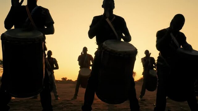 Silhouette drumming group sunset performance cultural event