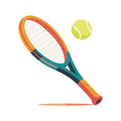 Colorful tennis racket and ball isolated on white background with shadow