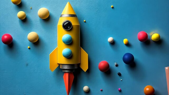 Bright yellow rocket ship surrounded by colorful spheres on a blue background.  A playful, imaginative illustration, perfect for a children's book, educational poster, or startup concept