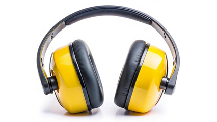 Yellow hearing protectors reducing loud noise eye level