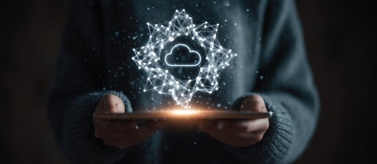 Holographic cloud icon over a tablet
