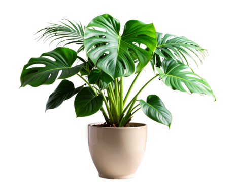Angled Side View of Large-Leaf Green Houseplant in Ceramic Pot with Dramatic Dark Backdrop, Isolated PNG