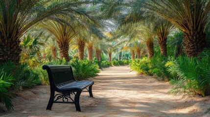 Black park bench beneath palm trees in a sunlit pathway