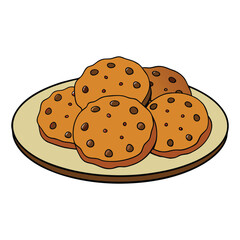 Freshly baked chocolate chip cookies rest on a plate, golden brown with melted chocolate chunks, tempting with their warm, sweet aroma and soft, chewy texture.
