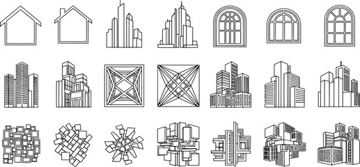 Fototapeta premium A set of simple, black and white icons representing city buildings and houses.