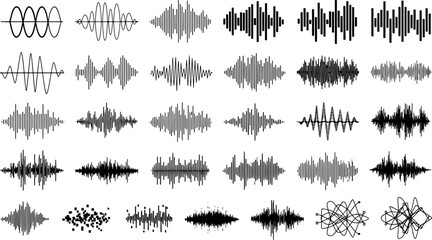 Fototapeta premium A collection of various black and white illustrations of sound waves and audio waveforms.