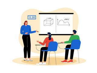 Discussion of mathematics material for exam preparation. School illustration. Flat vector illustration.