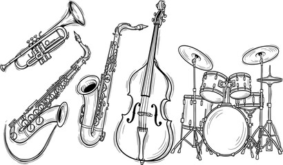 A collection of hand-drawn sketch icons of various jazz band instruments.