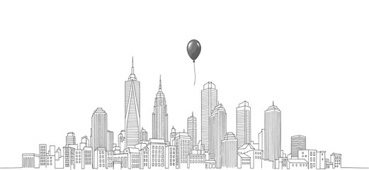 A continuous one-line drawing of the New York City skyline with a single red hot air balloon.
