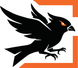 A stylized black bird in flight, positioned within an orange square frame, conveying power and speed.