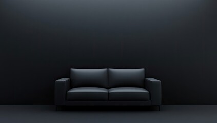 Dark, minimalist living room scene.  A black couch sits centered against a black wall