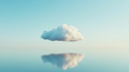 A single cumulus cloud floats peacefully over a calm body of water, its reflection mirroring its form perfectly.  Pale blue sky and water create a serene, tranquil scene