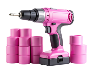  Angled Side View of Pink Cordless Drill with Stacked Pink Cylinders on Clean White Table, Isolated PNG