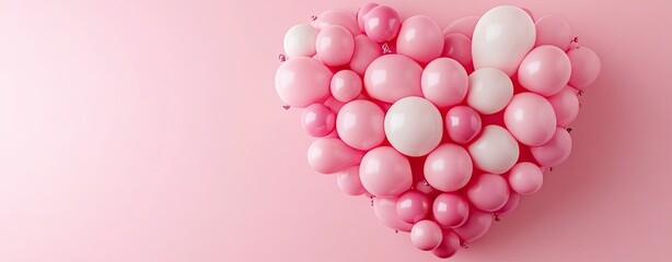 Heart-shaped arrangement of pink and white balloons on a pink background