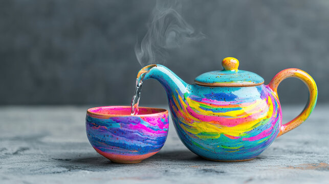 Colorful teapot pouring water into vibrant bowl, creating serene atmosphere with steam rising. Perfect for tea lovers and artistic decor