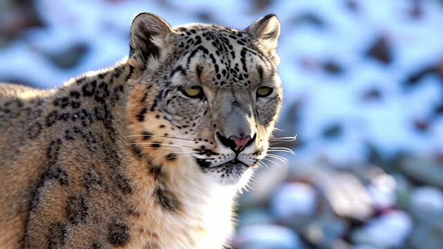 Snow leopard close up on a snowy day in winter animal wildlife