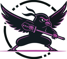 A stylized illustration of a ninja bird character holding a sword, ready for action.