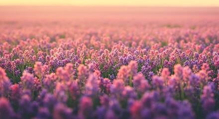 Fototapeta premium Serene sunset illuminates a vast field of vibrant pink and purple wildflowers.