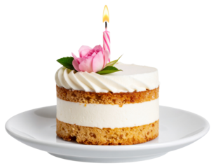Close-Up Detail of Layered Pastry with Floral Topping and Candle Flame on White Plate, Transparent Background