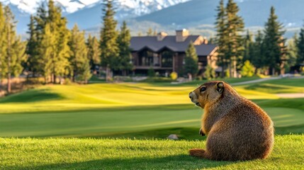 Mountain resort golf course wildlife, curious groundhog