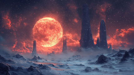 Surreal alien landscape with towering rock formations and glowing red sun