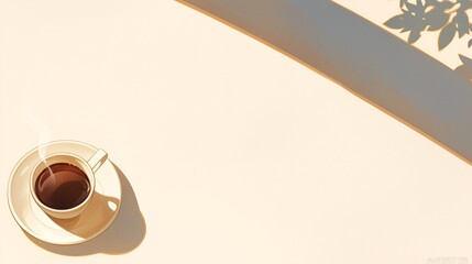 白い背景と影のできたコーヒーカップにシンプルな装飾