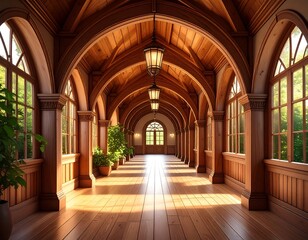 Fototapeta premium Wooden hallway with sunlight