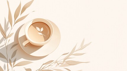 白い背景と影のできたコーヒーカップにシンプルな装飾