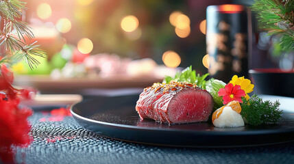 Beautifully plated dish featuring tender beef, garnished with fresh herbs and vibrant flowers, set against softly lit background