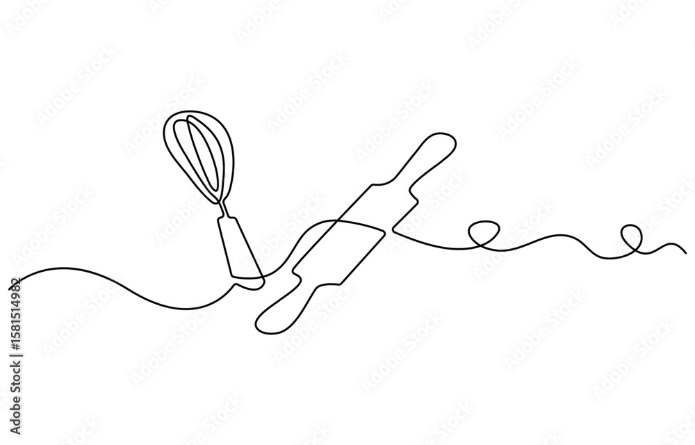 Fototapete Rolling pin continuous one line isolated on white background. Bakery symbol art drawing. Rolling pin design outline. Editable stroke. Vector illustration